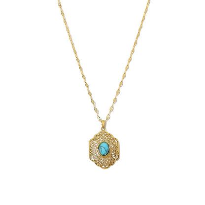 Collier acier doré pendentif turquoise géométrique