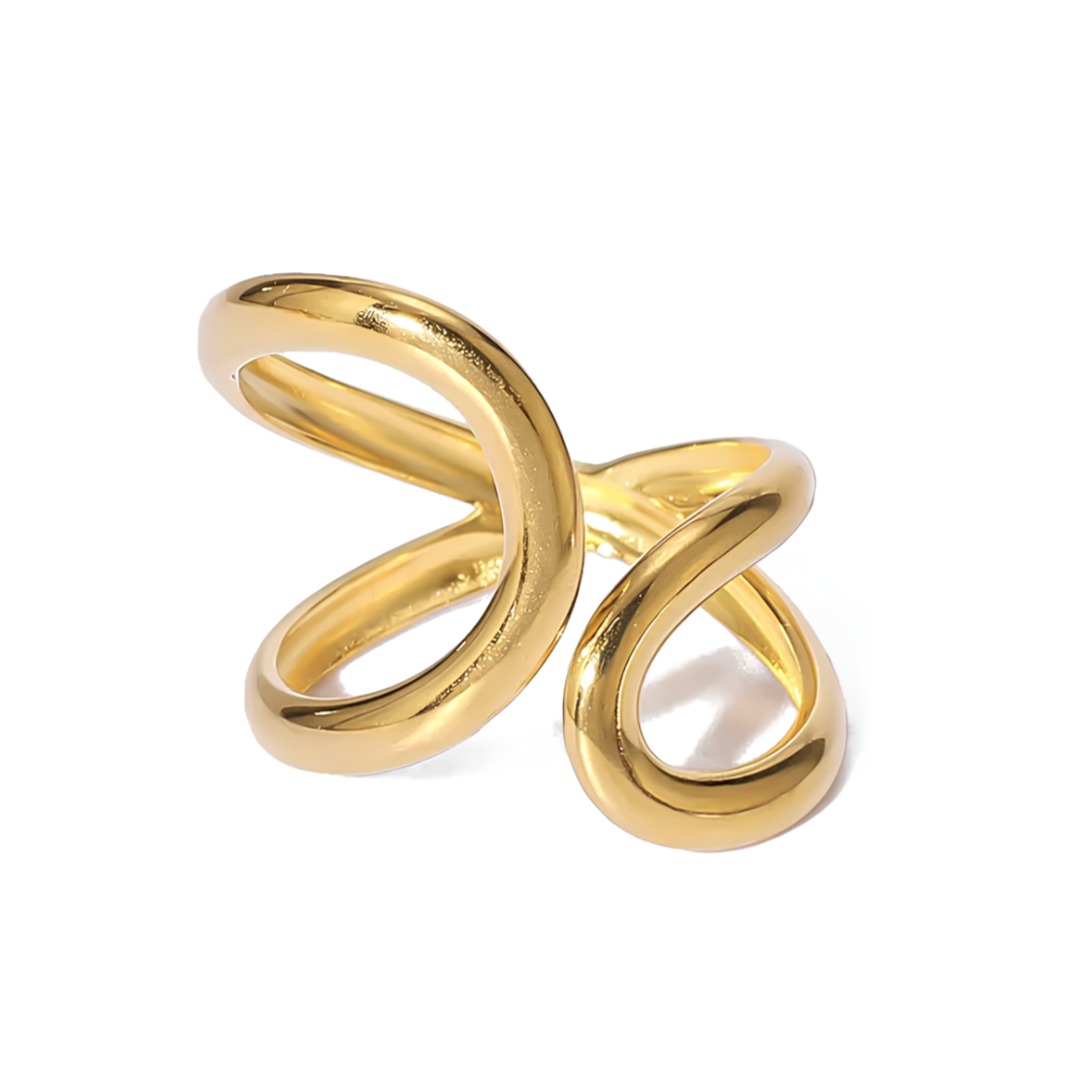 Misez sur l’élégance pure avec cette bague croisée dorée en acier inoxydable, au design fluide et épuré. Ses lignes entrelacées créent un effet visuel moderne, à la fois sobre et sophistiqué.