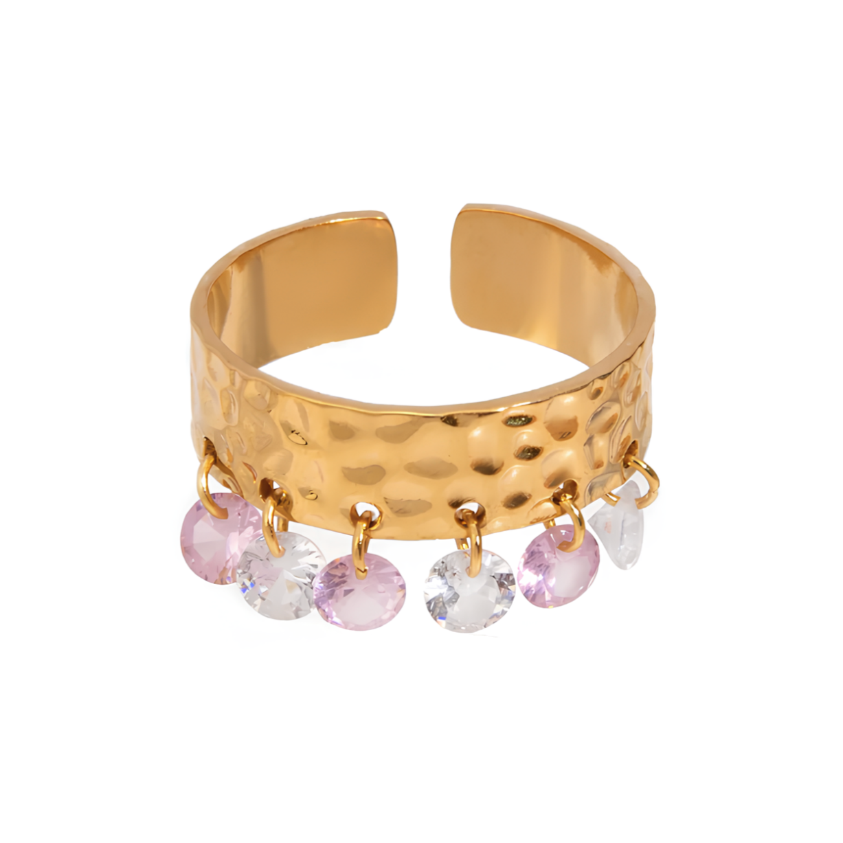 Affirmez votre style avec cette bague dorée ajourée à l’architecture moderne, composée de cinq anneaux texturés reliés entre eux, ponctués de petites sphères dorées et ornée d’une pierre noire centrale. Un bijou à la fois audacieux et élégant, parfait pour sublimer vos tenues avec caractère.
