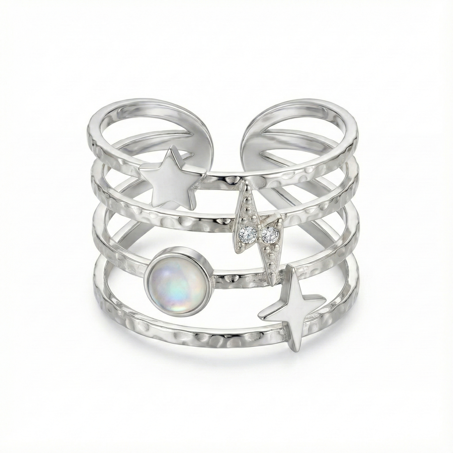 Bague acier inoxydable argent manchette étoile filante nacre