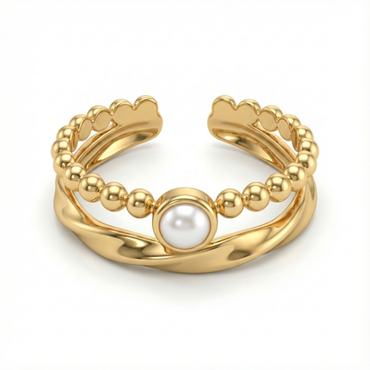 bague acier inoxydable doré duo textures perle amazonite vue large