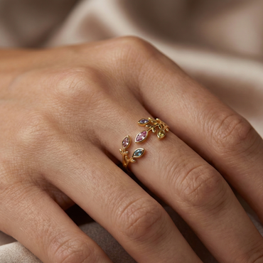 bague acier inoxydable doré feuilles multicolores vue large