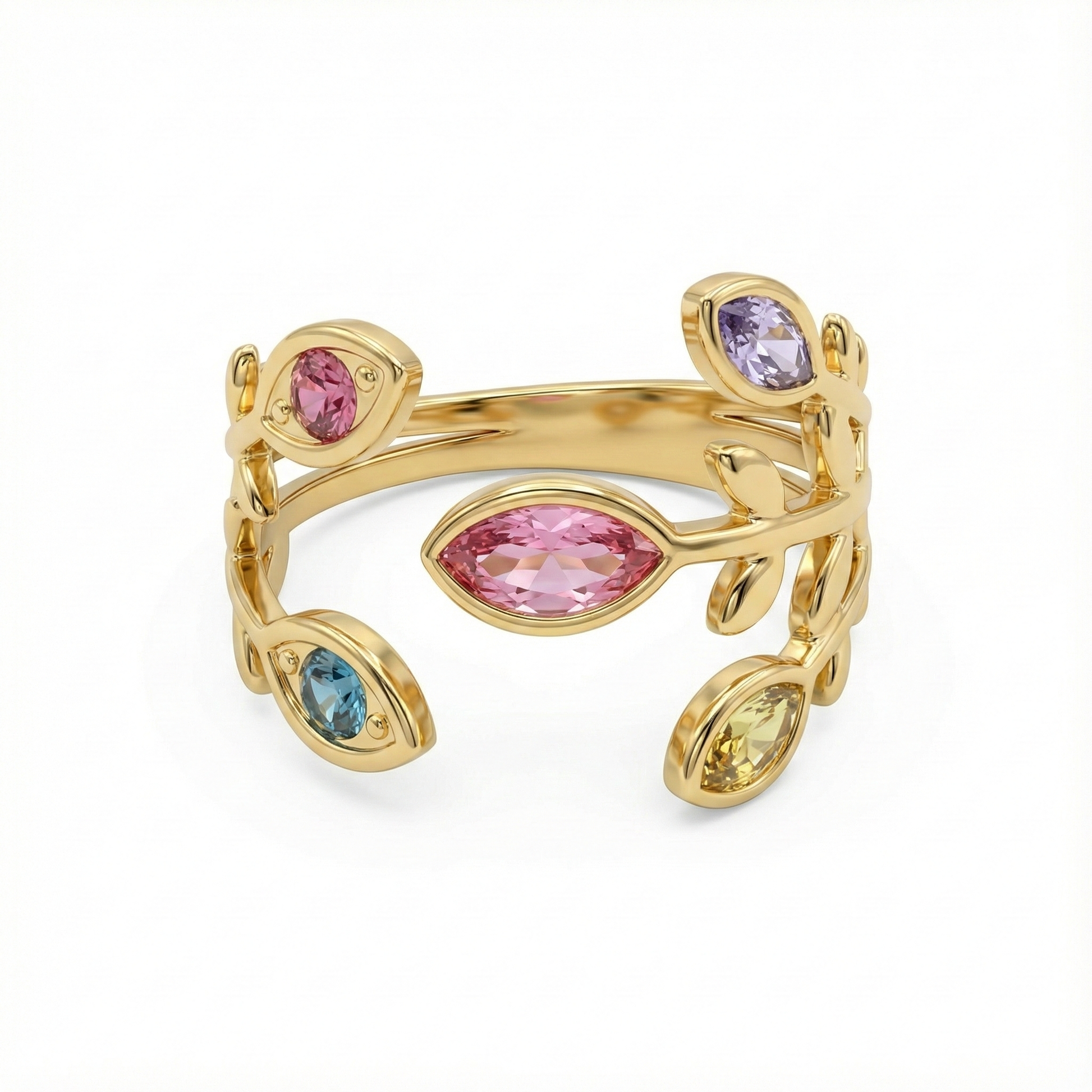 bague acier inoxydable doré feuilles multicolores vue large