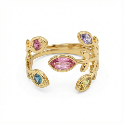 bague acier inoxydable doré feuilles multicolores vue large