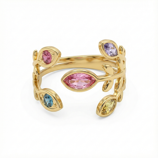 bague acier inoxydable doré feuilles multicolores vue large