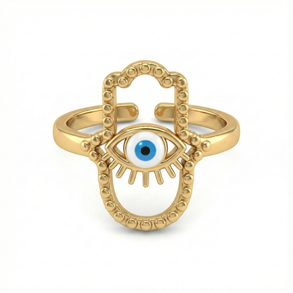 bague acier inoxydable doré œil protecteur bleu vue de face