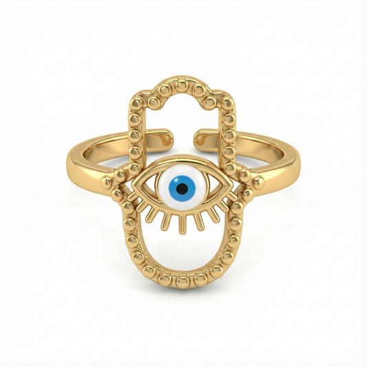 bague acier inoxydable doré œil protecteur bleu vue de face