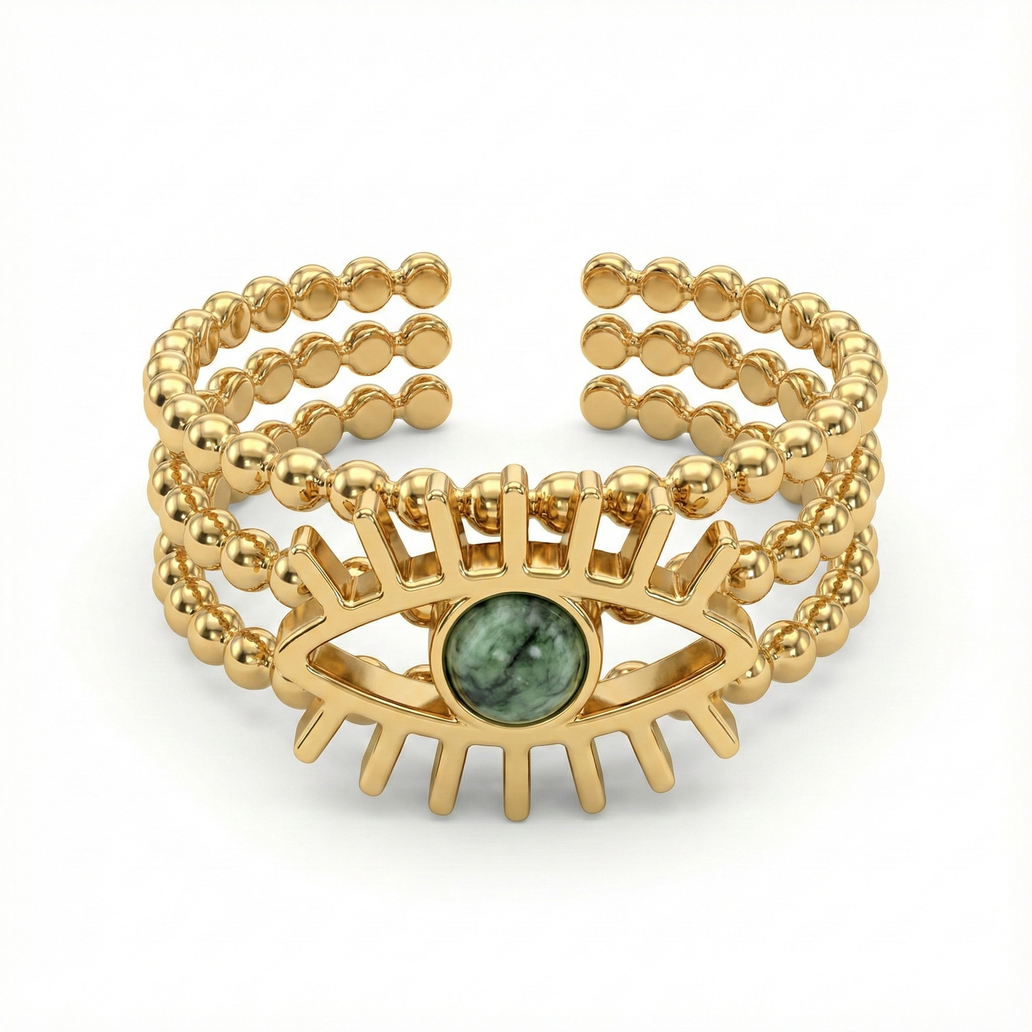 bague acier inoxydable doré œil protecteur pierre verte vue de face