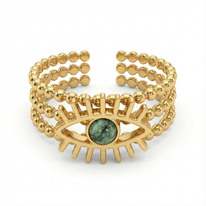 bague acier inoxydable doré œil protecteur pierre verte vue de face
