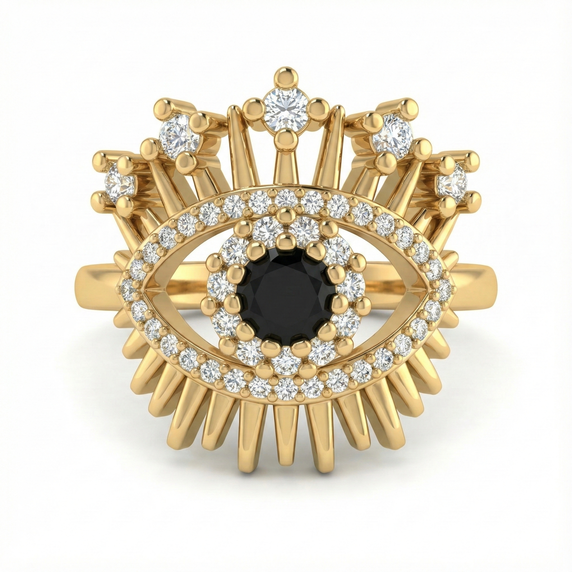 bague acier inoxydable doré œil protecteur strass noir vue large