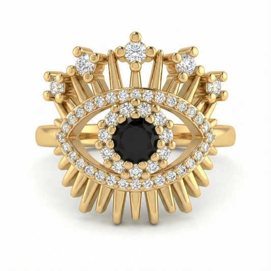 bague acier inoxydable doré œil protecteur strass noir vue large