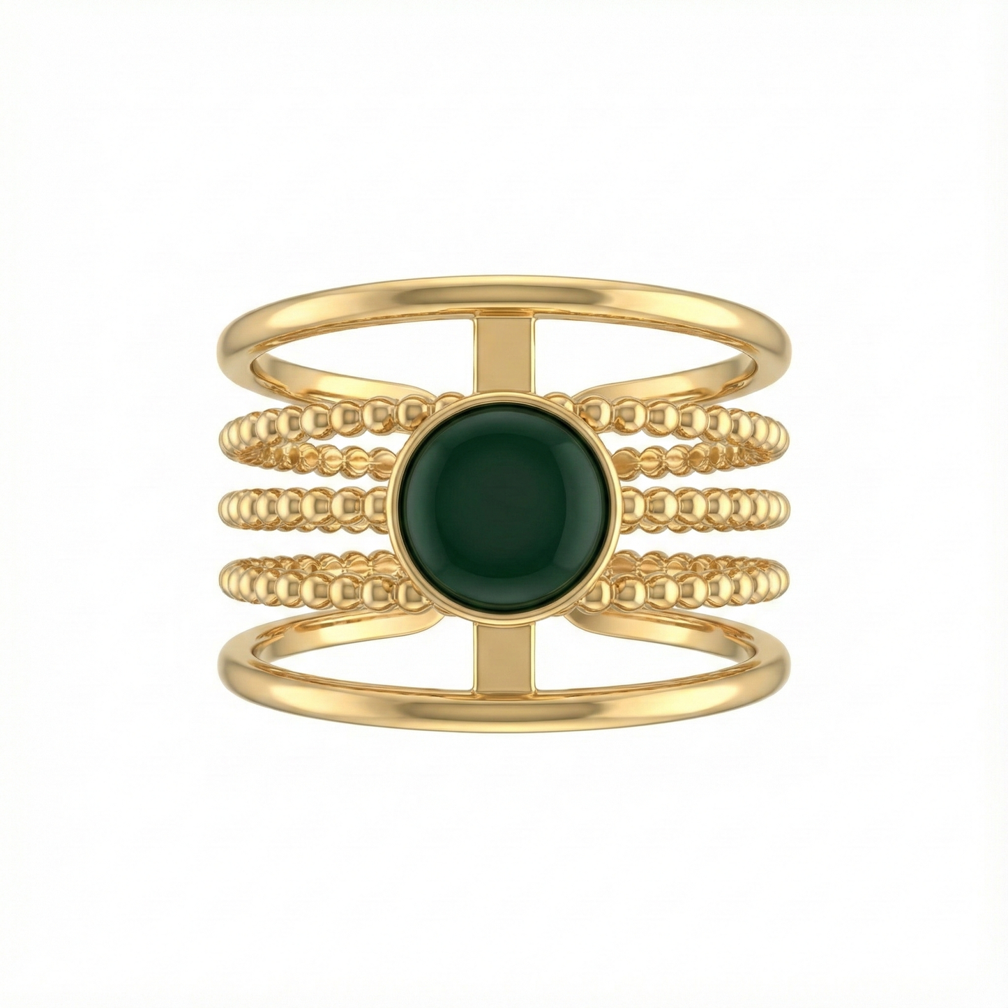 bague acier inoxydable doré perlée pierre verte vue large