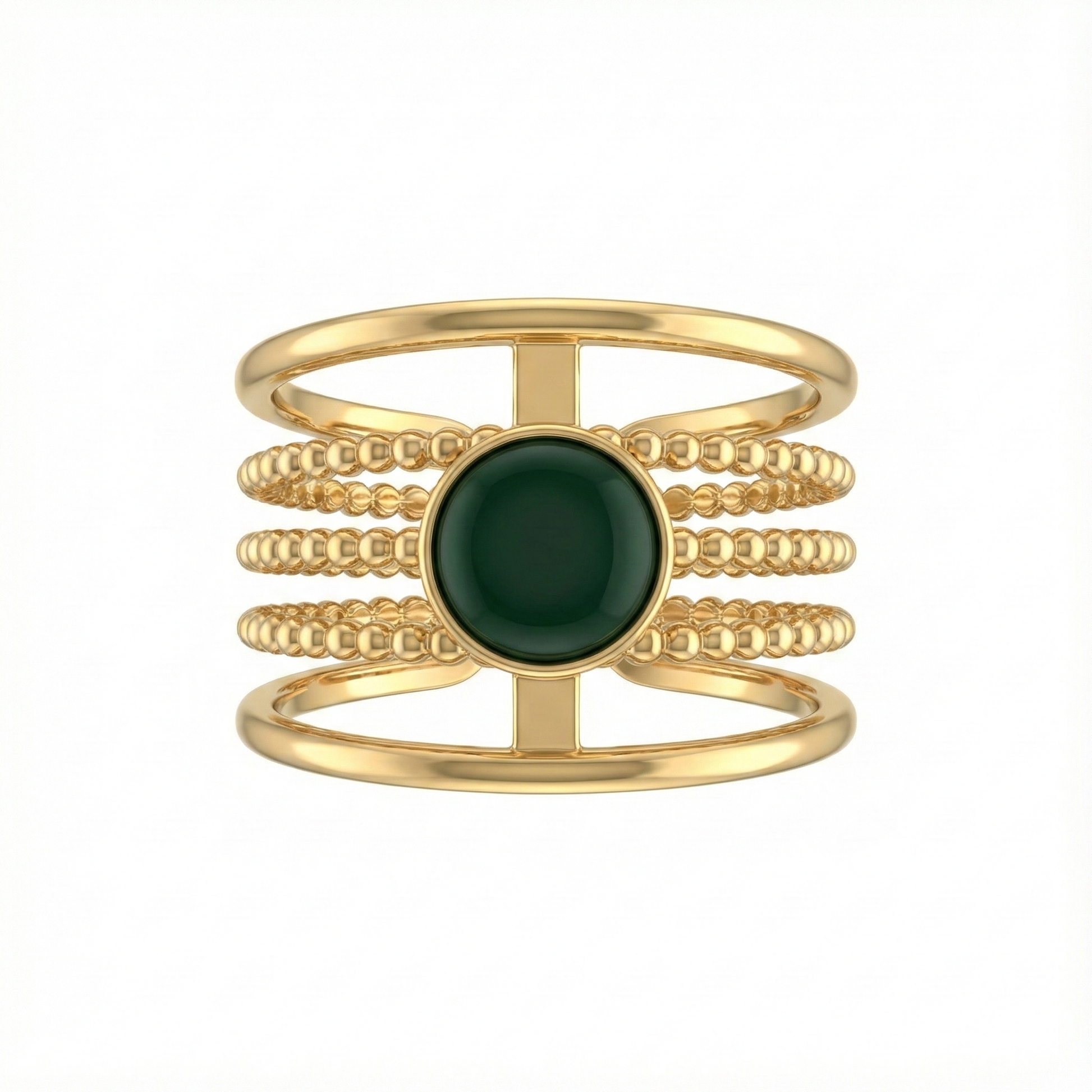 bague acier inoxydable doré perlée pierre verte vue large