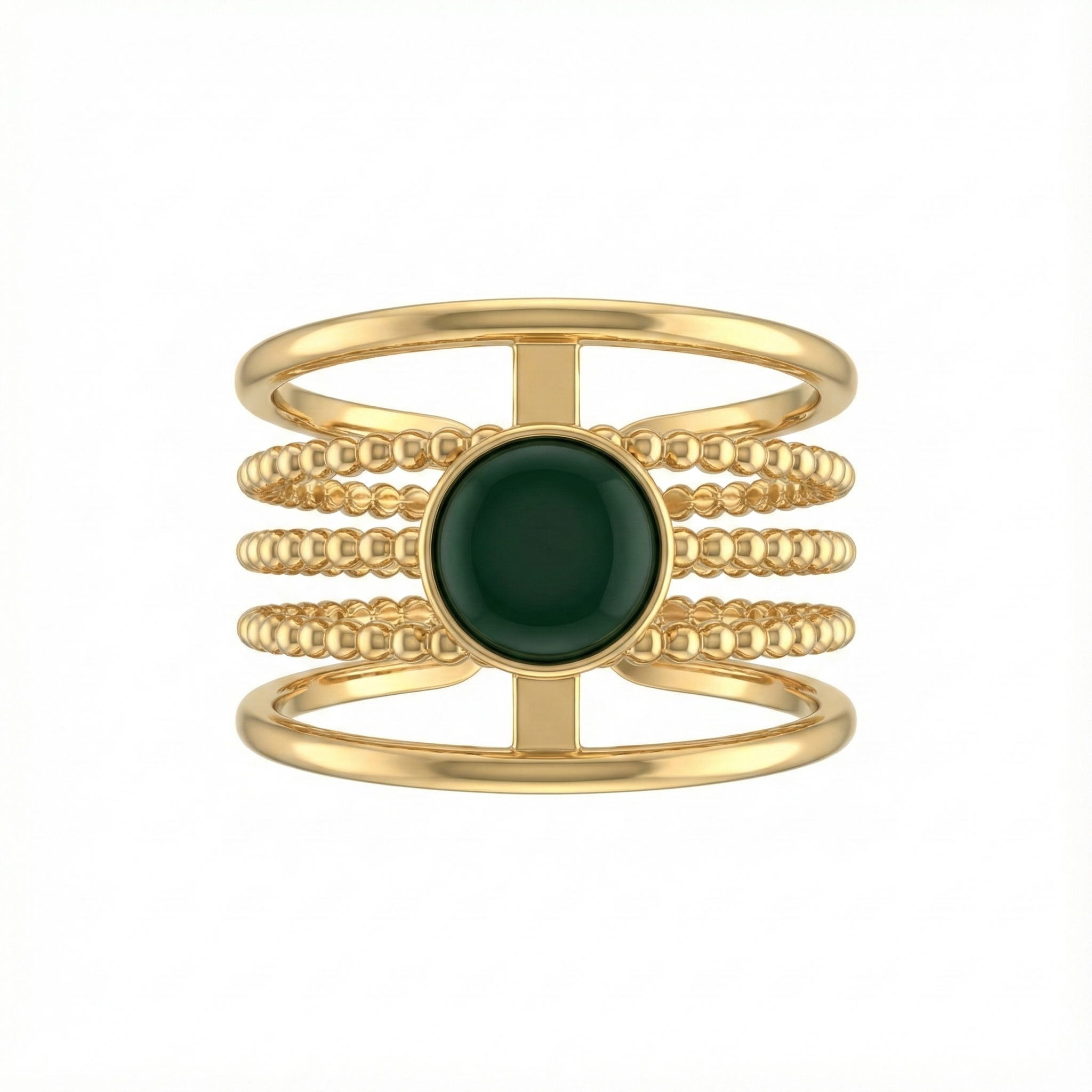 bague acier inoxydable doré perlée pierre verte vue large