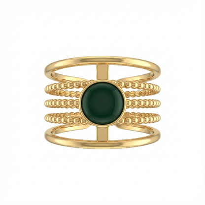 bague acier inoxydable doré perlée pierre verte vue large