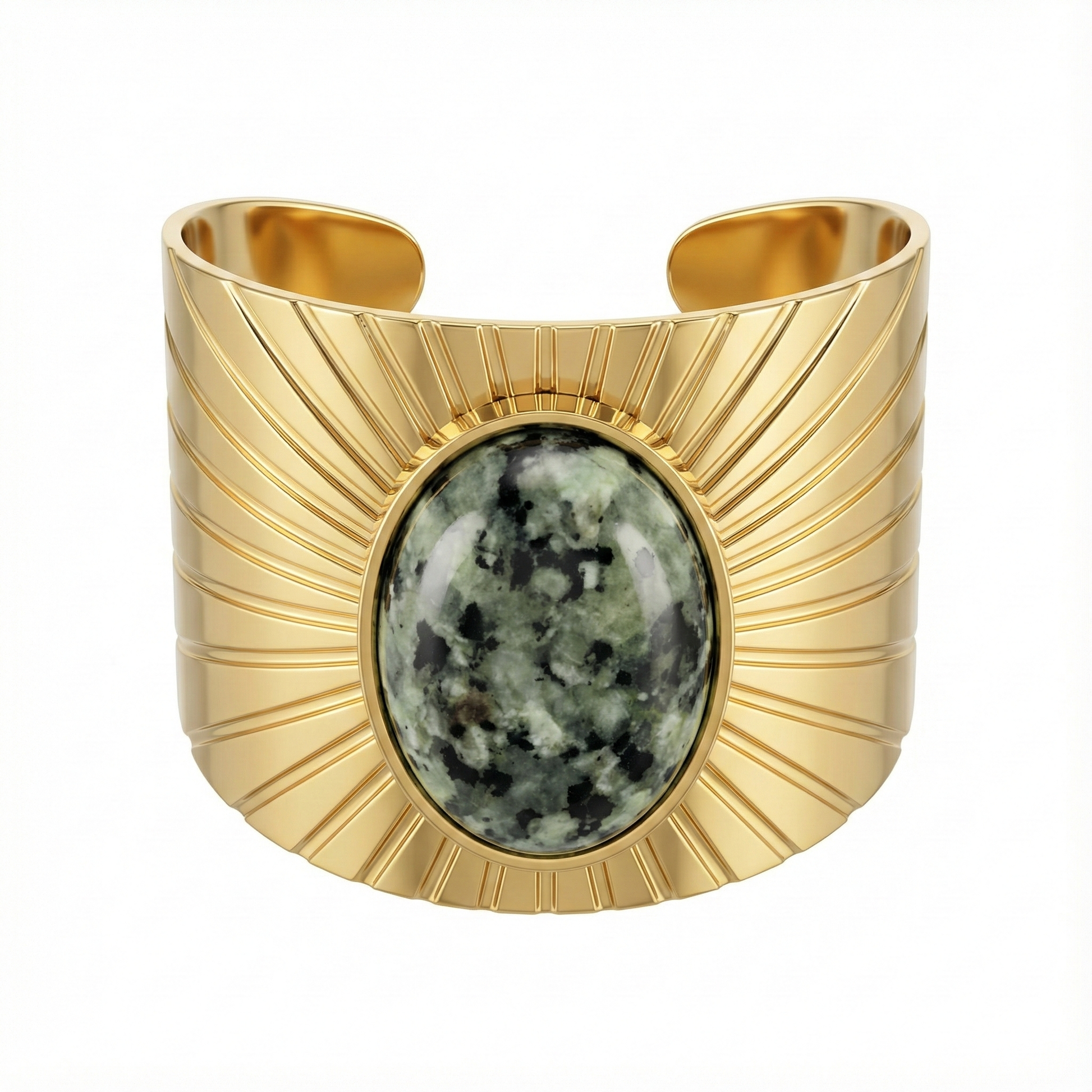 bague acier inoxydable doré pierre verte vue large