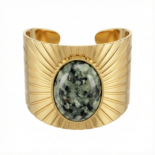 bague acier inoxydable doré pierre verte vue large