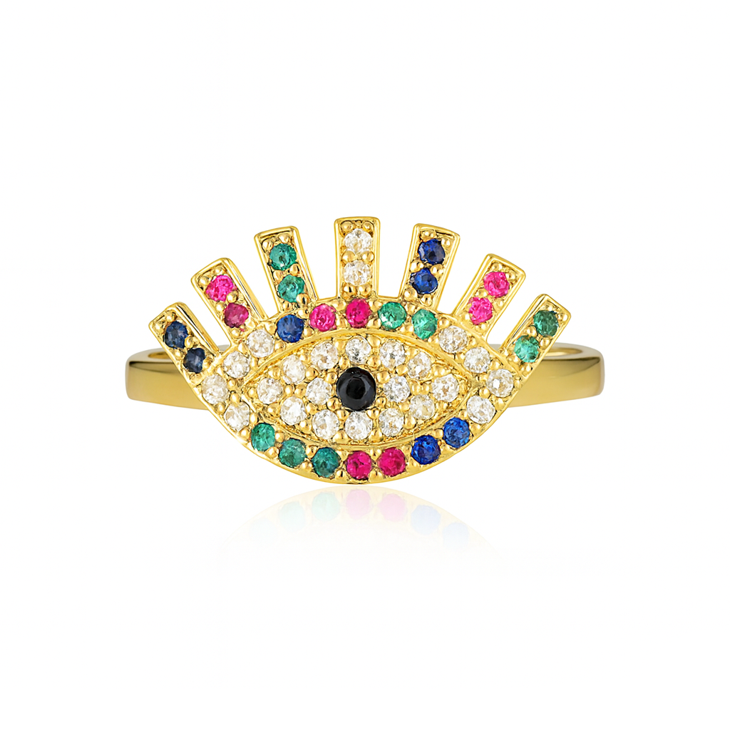 cette bague dorée œil protecteur, entièrement pavée de strass colorés. Inspirée du symbole de l’œil porte-bonheur, elle mêle spiritualité et esthétique vibrante pour un bijou à la fois protecteur et ultra tendance.