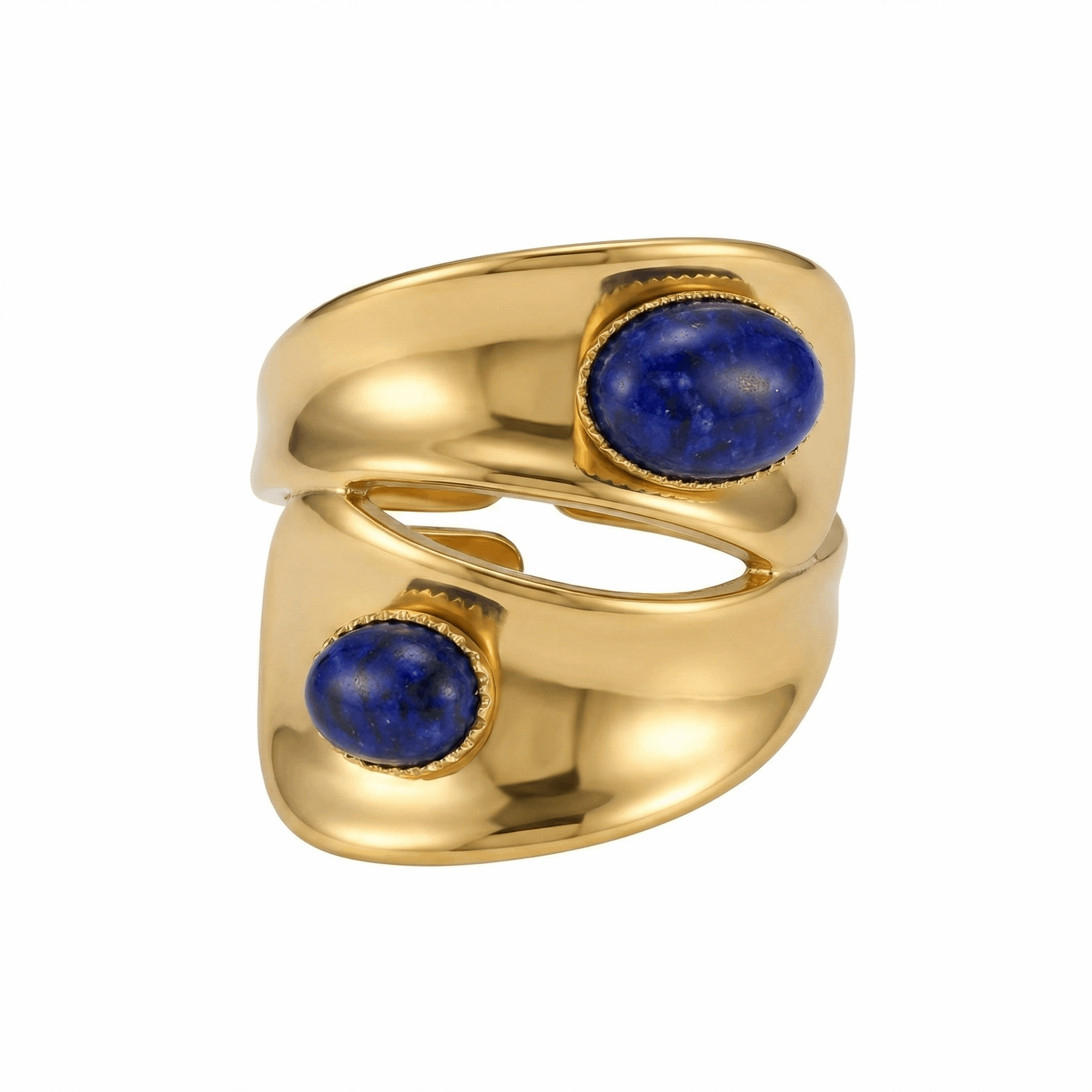 Bague ajustable en acier inoxydable doré à double anneau sertie de pierres bleues, design contemporain, hauteur 1,8 cm, usage quotidien