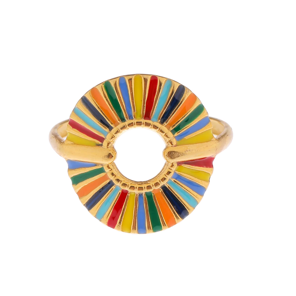 Bague en acier inoxydable doré au design circulaire émaillé multicolore, inspirée du style bohème chic, avec un anneau ajustable et léger pour femme