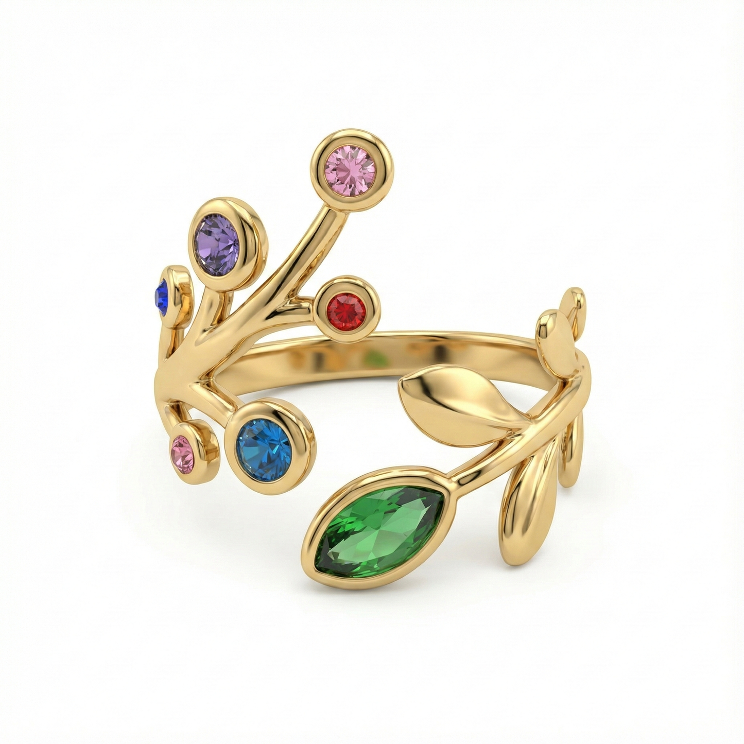 Bague en acier inoxydable couleur doré avec design branches et cristaux multicolores