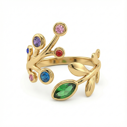 Bague en acier inoxydable couleur doré avec design branches et cristaux multicolores