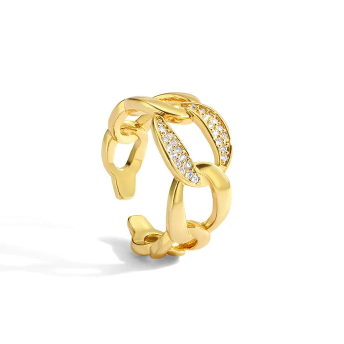 Bague dorée or 18K en forme de chaîne avec zircons, modèle ouvert ajustable.