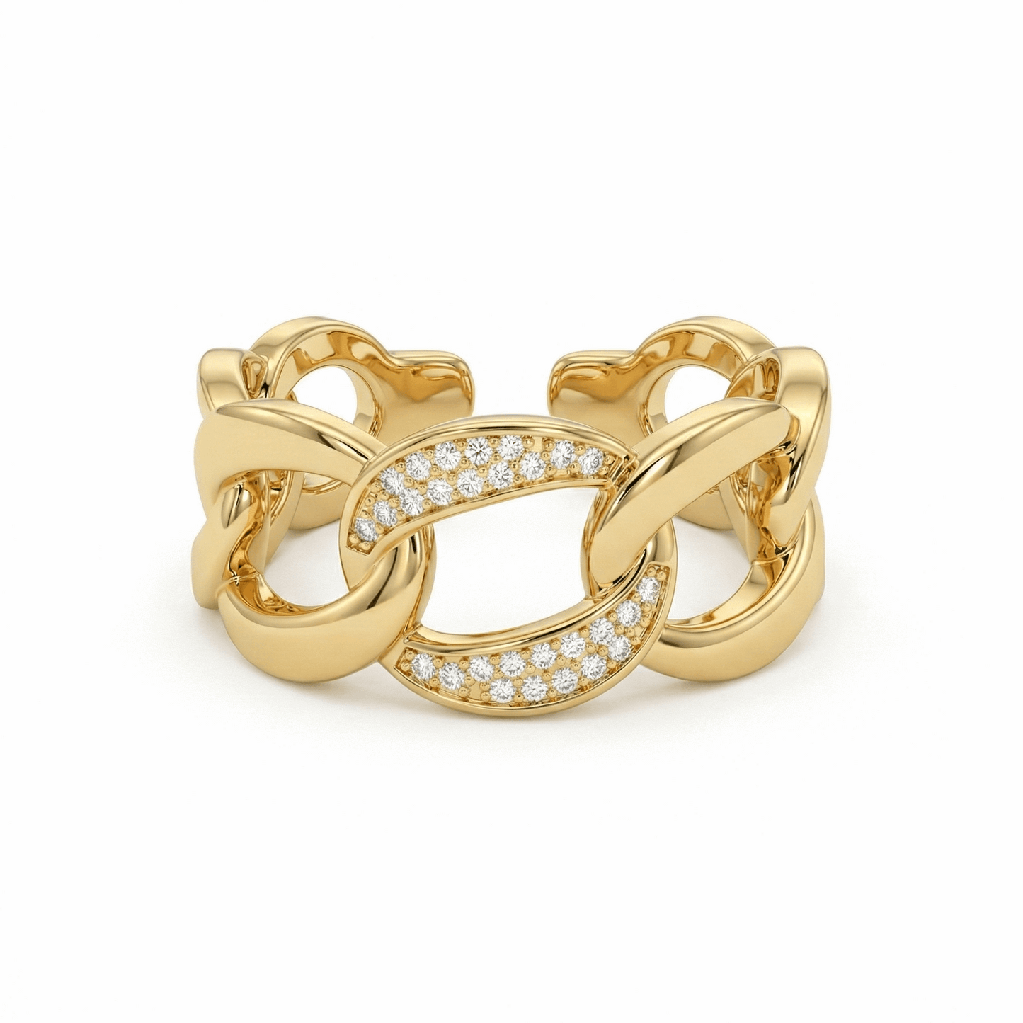 Bague dorée or 18K en forme de chaîne avec zircons, modèle ouvert ajustable.