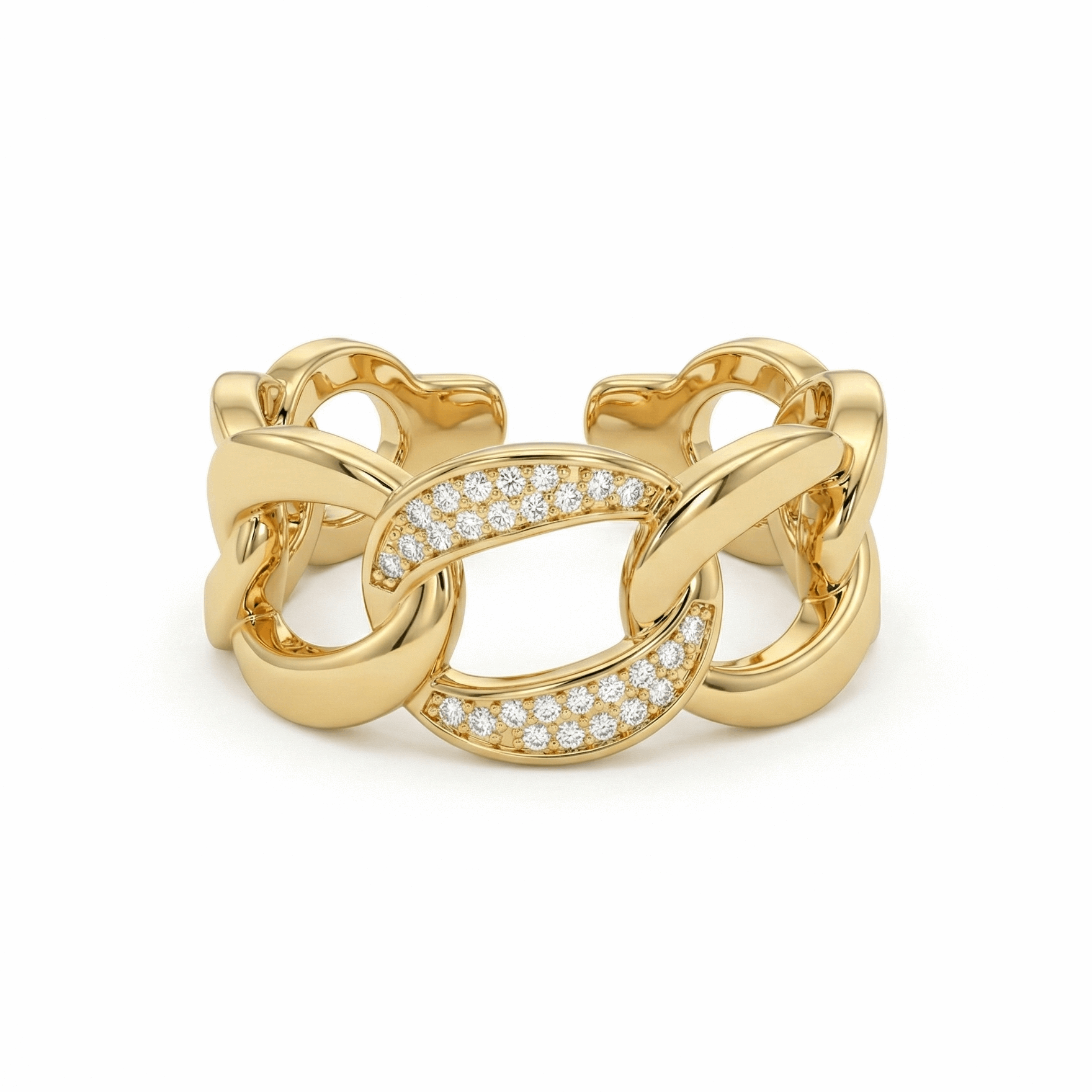 Bague dorée or 18K en forme de chaîne avec zircons, modèle ouvert ajustable.