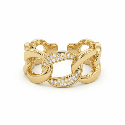 Bague dorée or 18K en forme de chaîne avec zircons, modèle ouvert ajustable.