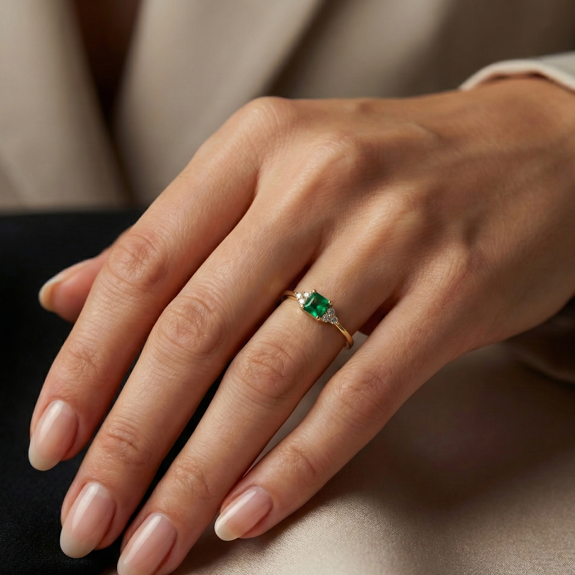 Bague doré à l’or 18k avec pierre verte taille émeraude et zircons