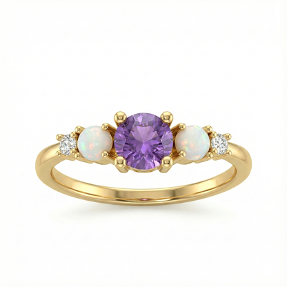 Bague doré à l’or 18k avec pierre violette, opales et zircons