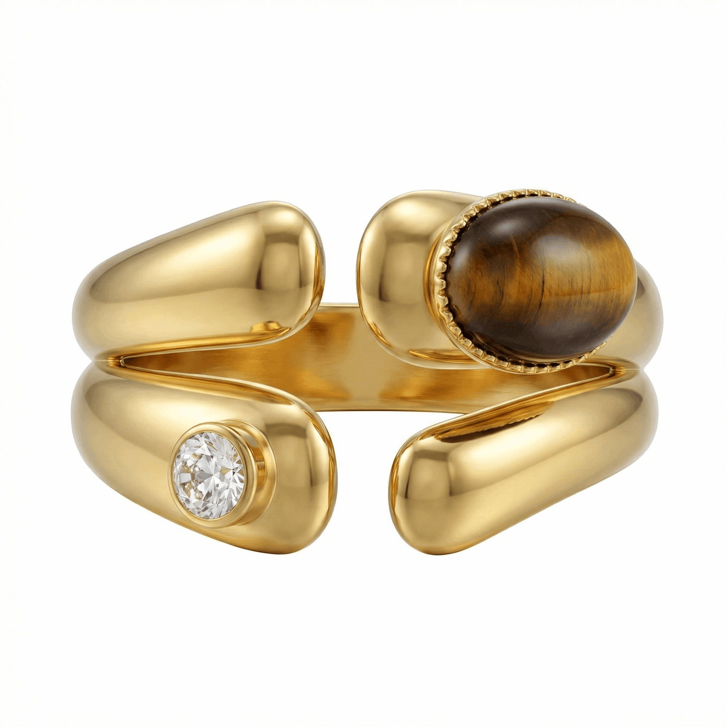 Bague ouverte dorée 18K en acier inoxydable avec pierre œil-de-tigre et zircon blanc