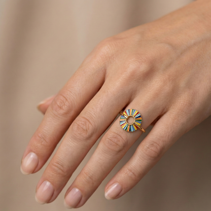 Bague dorée en acier inoxydable avec cercle émaillé multicolore bohème