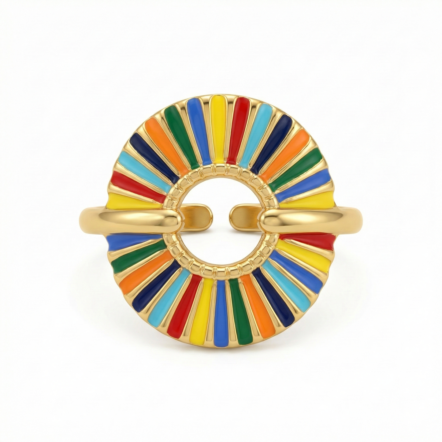 Bague dorée en acier inoxydable avec cercle émaillé multicolore bohème