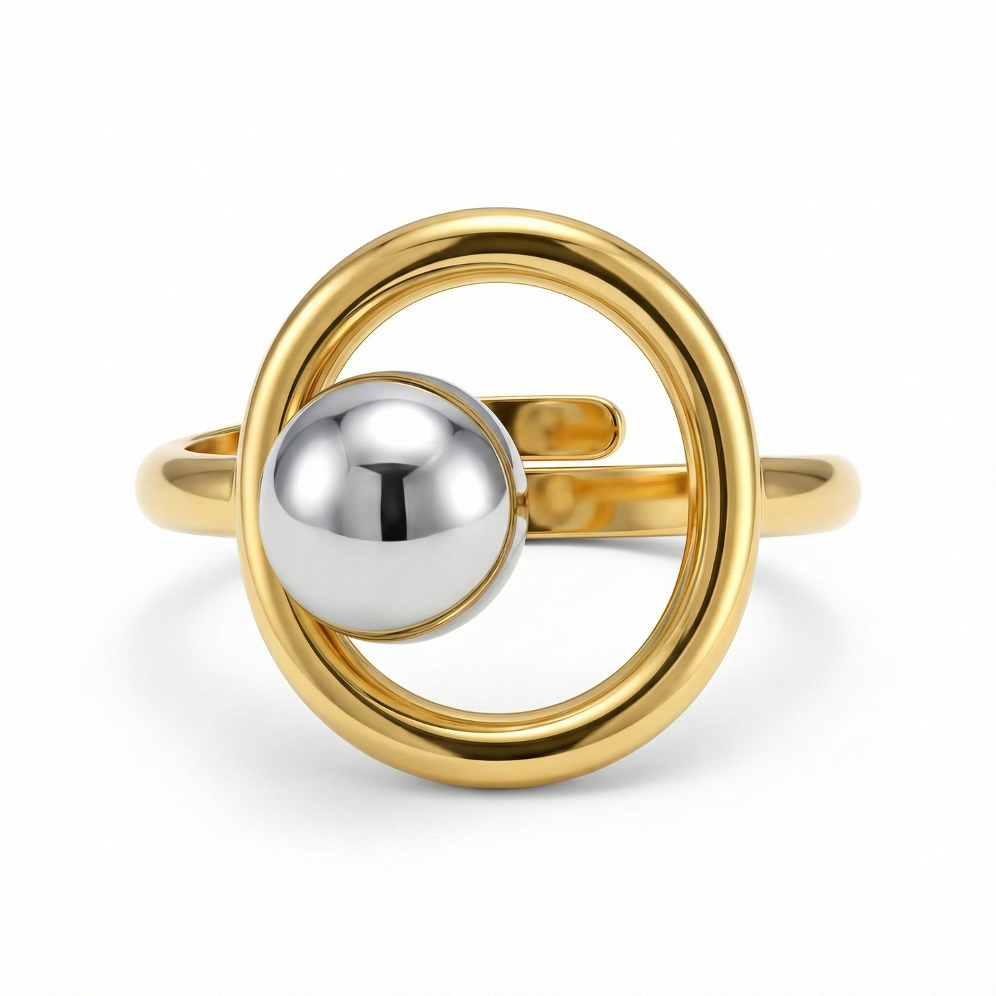 Bague dorée en acier inoxydable avec cercle ouvert et sphère centrale argentée