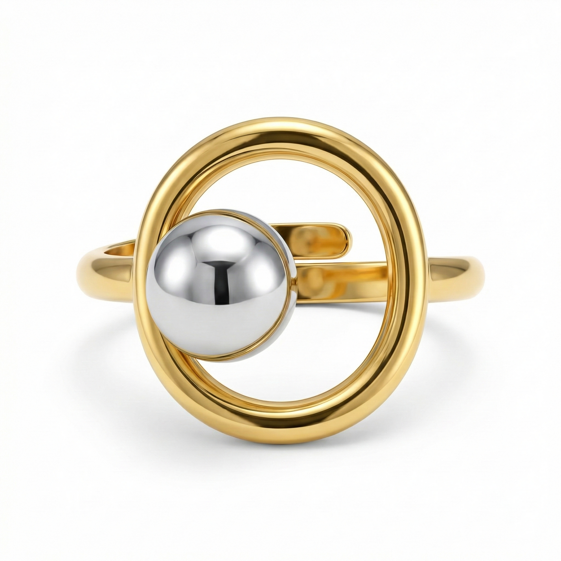 Bague dorée en acier inoxydable avec cercle ouvert et sphère centrale argentée