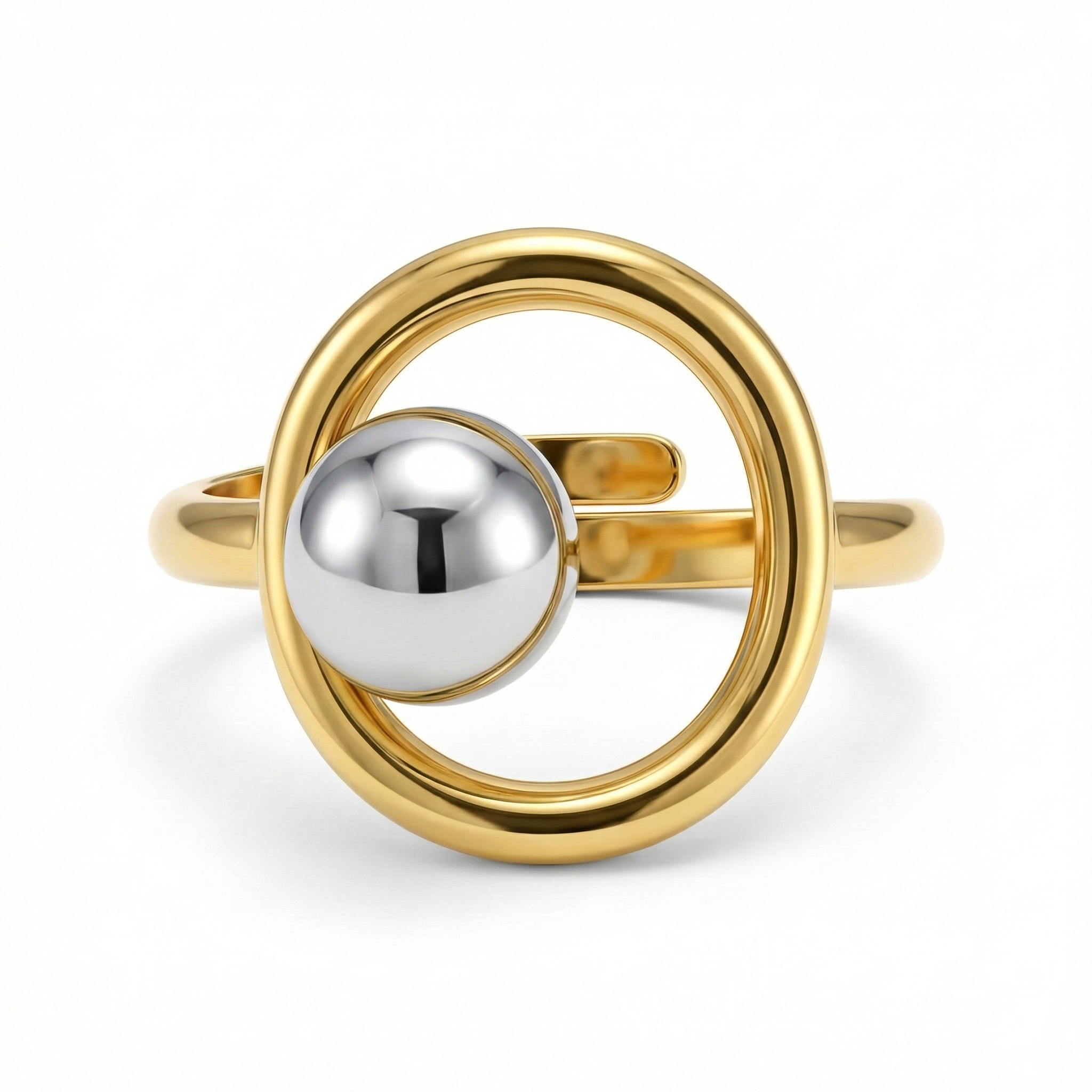 Bague dorée en acier inoxydable avec cercle ouvert et sphère centrale argentée