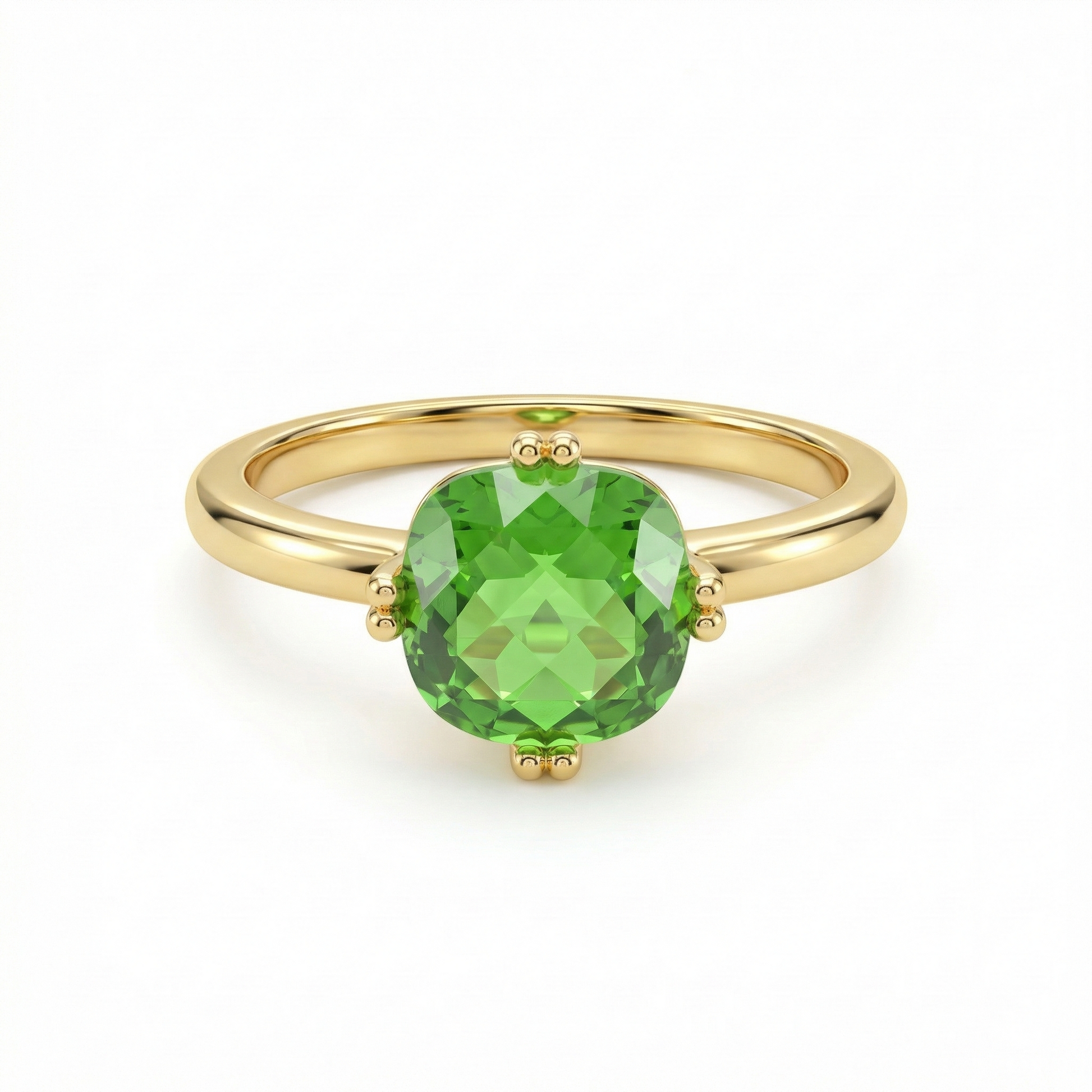 Bague dorée en acier inoxydable avec pierre verte facettée sertie à quatre griffes