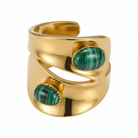Bague dorée en acier inoxydable ajustable avec pierres vertes veinées