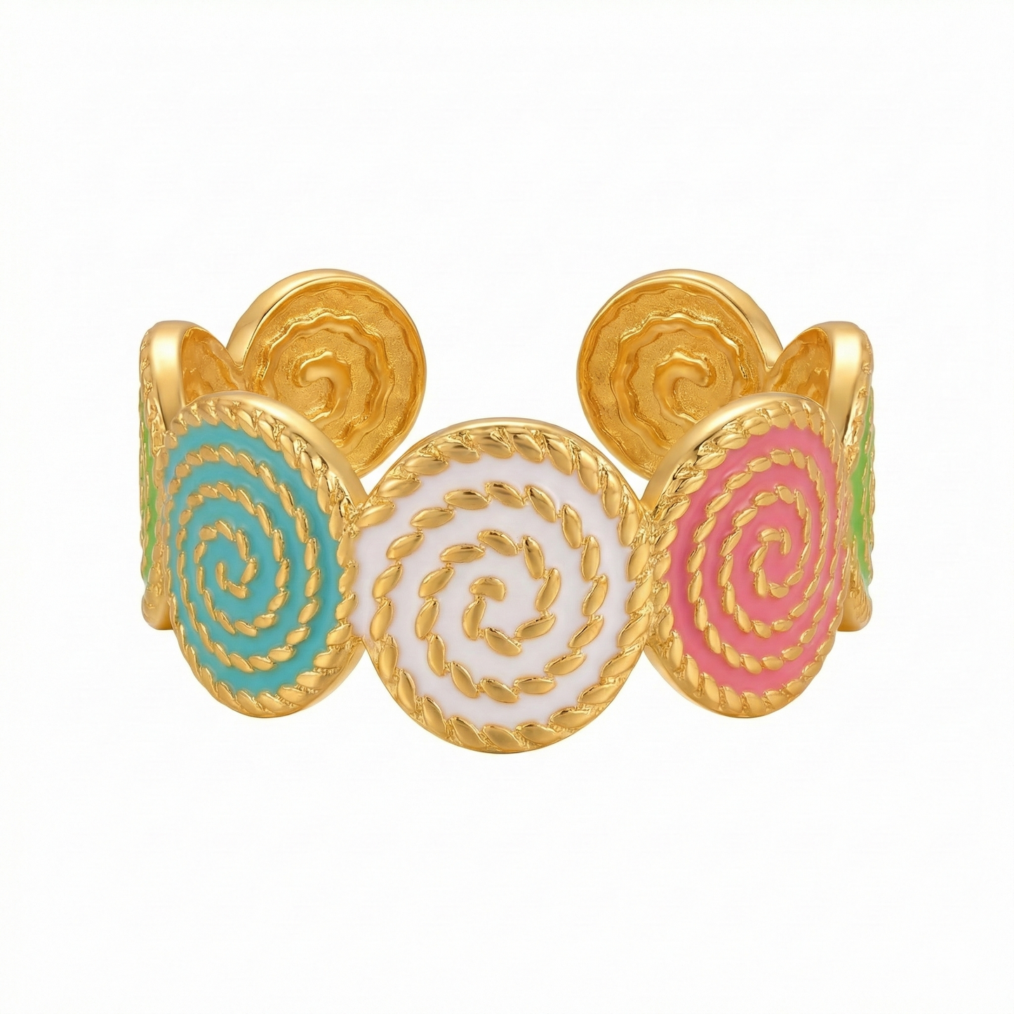 Bague dorée en acier inoxydable avec spirales émaillées turquoise et rouge