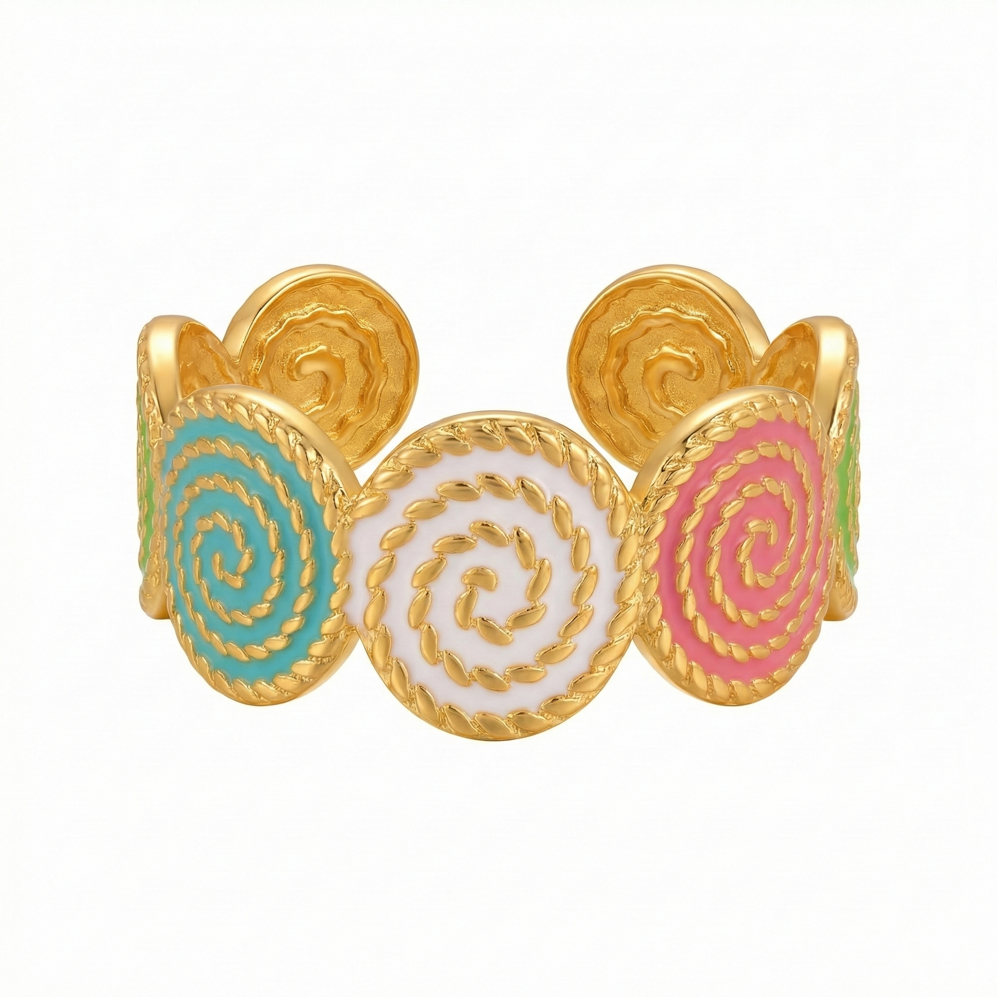 Bague dorée en acier inoxydable avec spirales émaillées turquoise et rouge