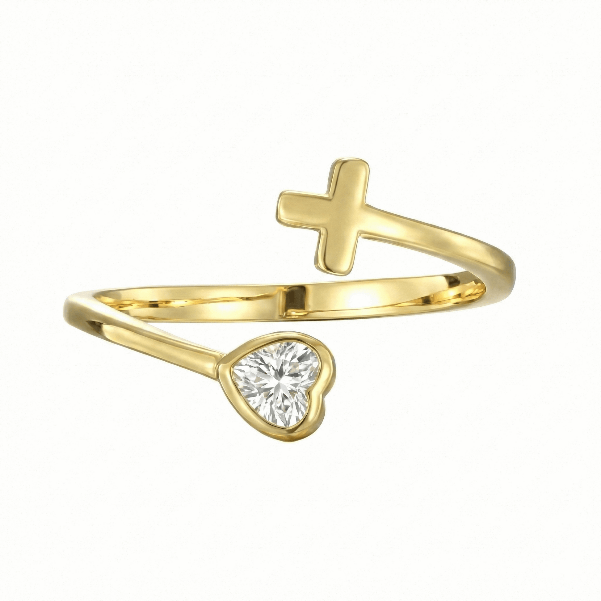 Bague dorée en laiton or 18k ajustable avec croix et cœur serti zircon