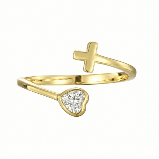 Bague dorée en laiton or 18k ajustable avec croix et cœur serti zircon