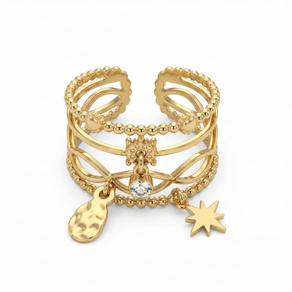 Bague dorée multi-rangs avec étoiles et cristaux scintillants