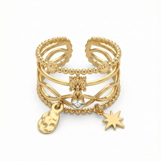 Bague dorée multi-rangs avec étoiles et cristaux scintillants