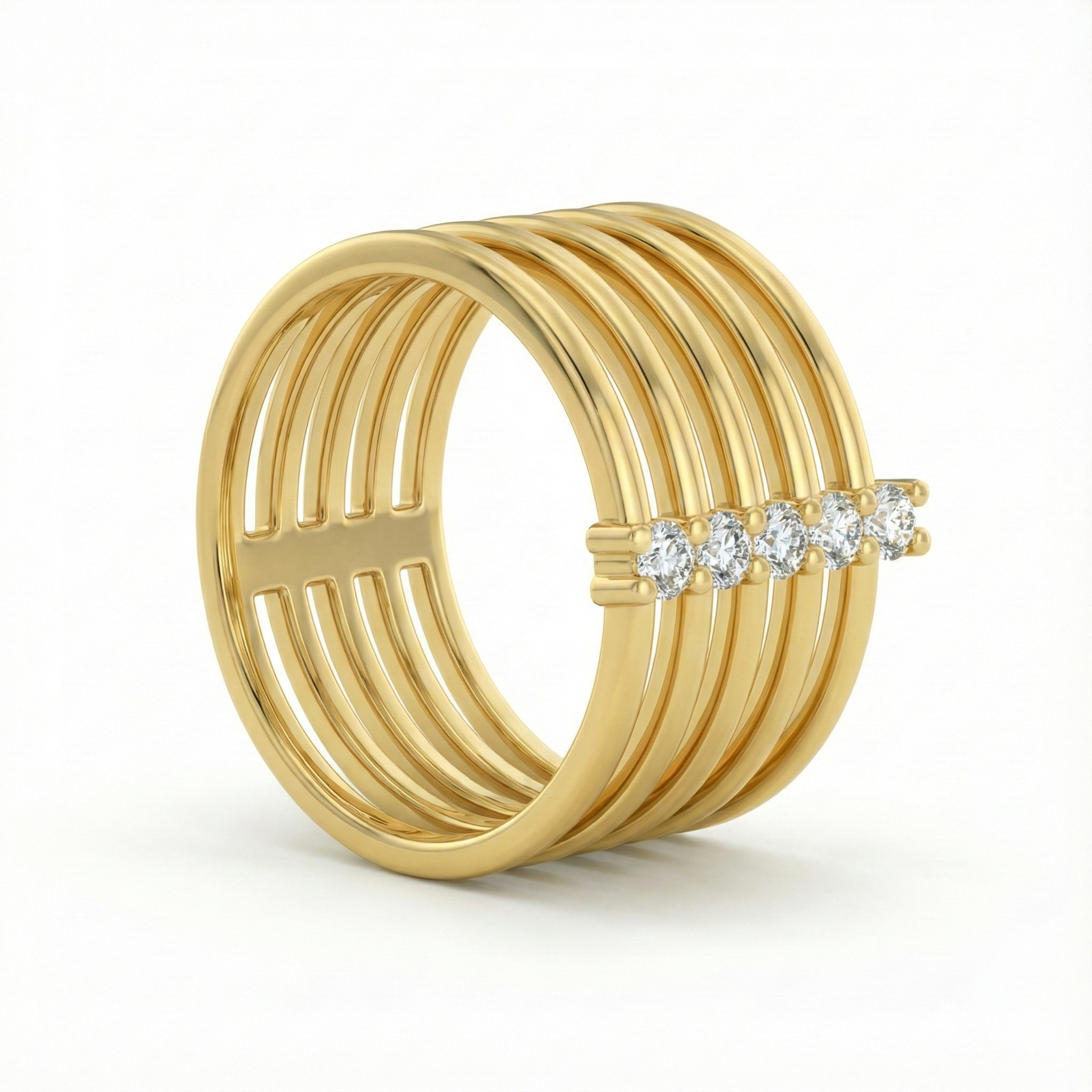 Bague dorée or 18k à cinq anneaux parallèles avec ligne centrale de strass scintillants, design architectural moderne