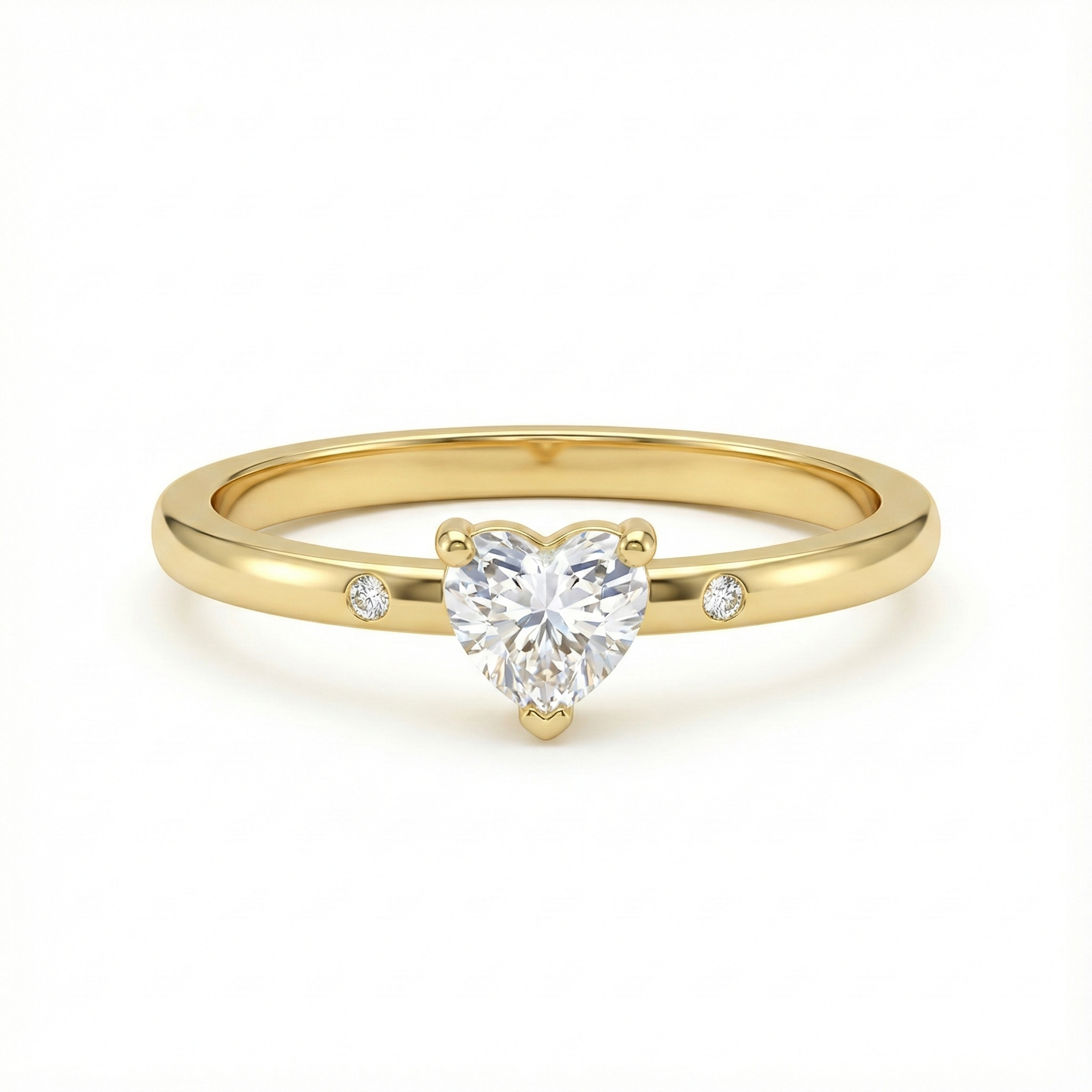 Bague dorée or 18k avec zircon blanc en forme de cœur et petits zircons latéraux, bijou romantique minimaliste et élégant