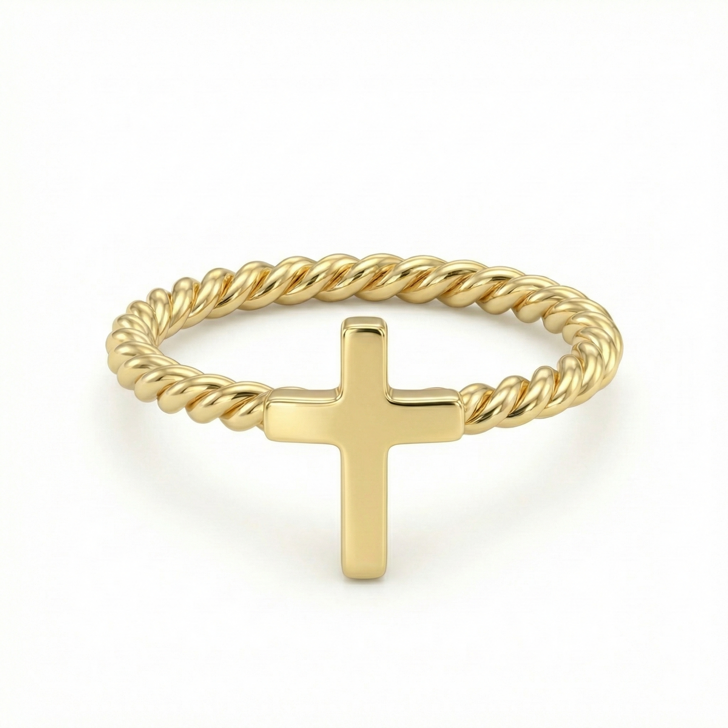 Bague dorée or 18k avec croix lisse horizontale et anneau torsadé
