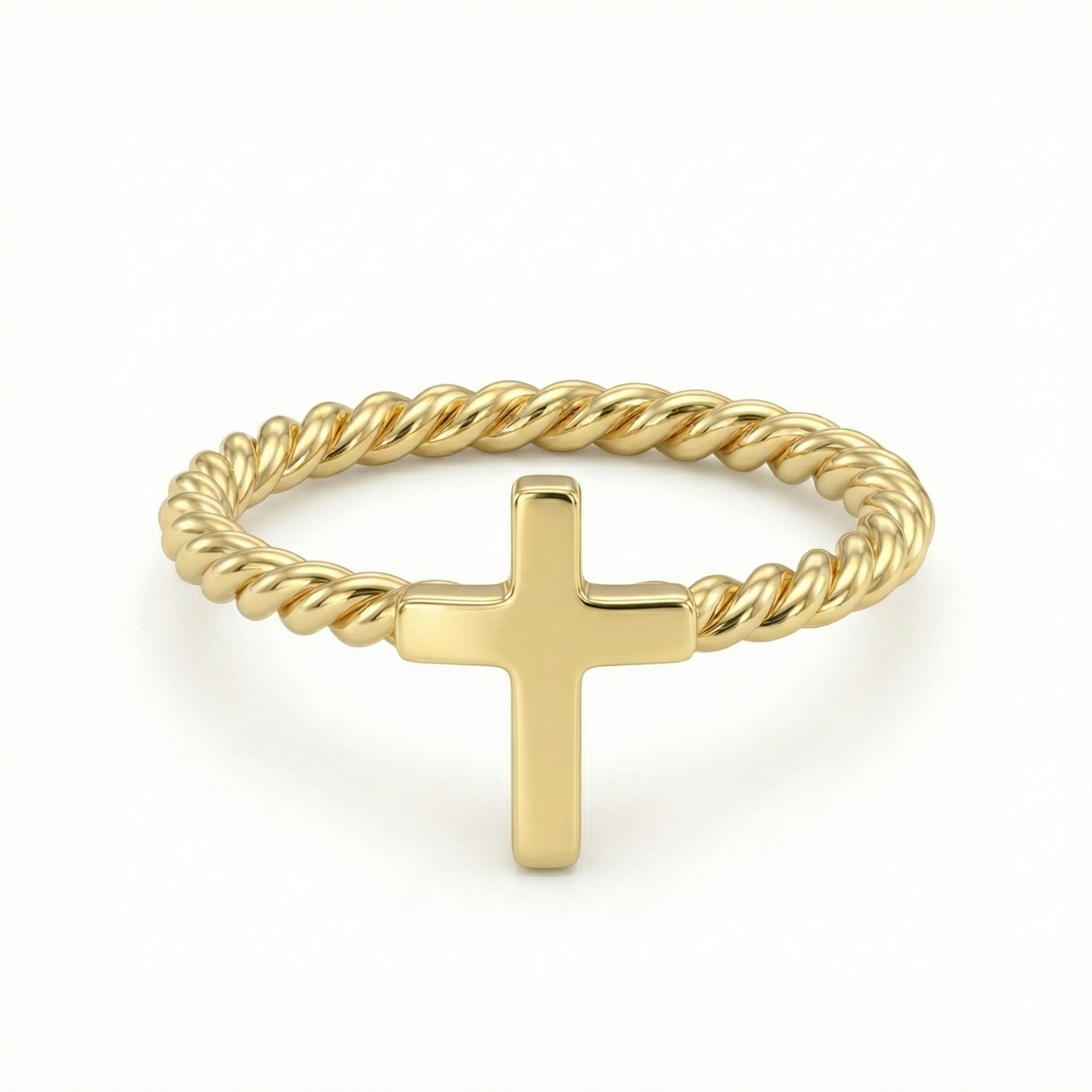 Bague dorée or 18k avec croix lisse horizontale et anneau torsadé